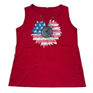 Womens XL Red Sleeveless Top With American Flag Sunflower Design